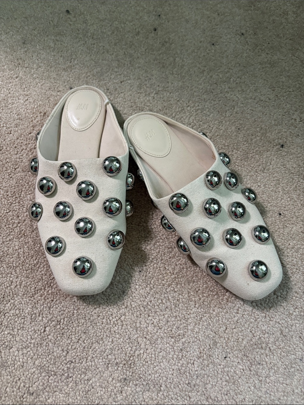 H&M Cream Slip-On Mules with Silver Dome Studs